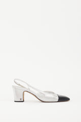 Chanel Silver Leather & Black CC Slingback Pump