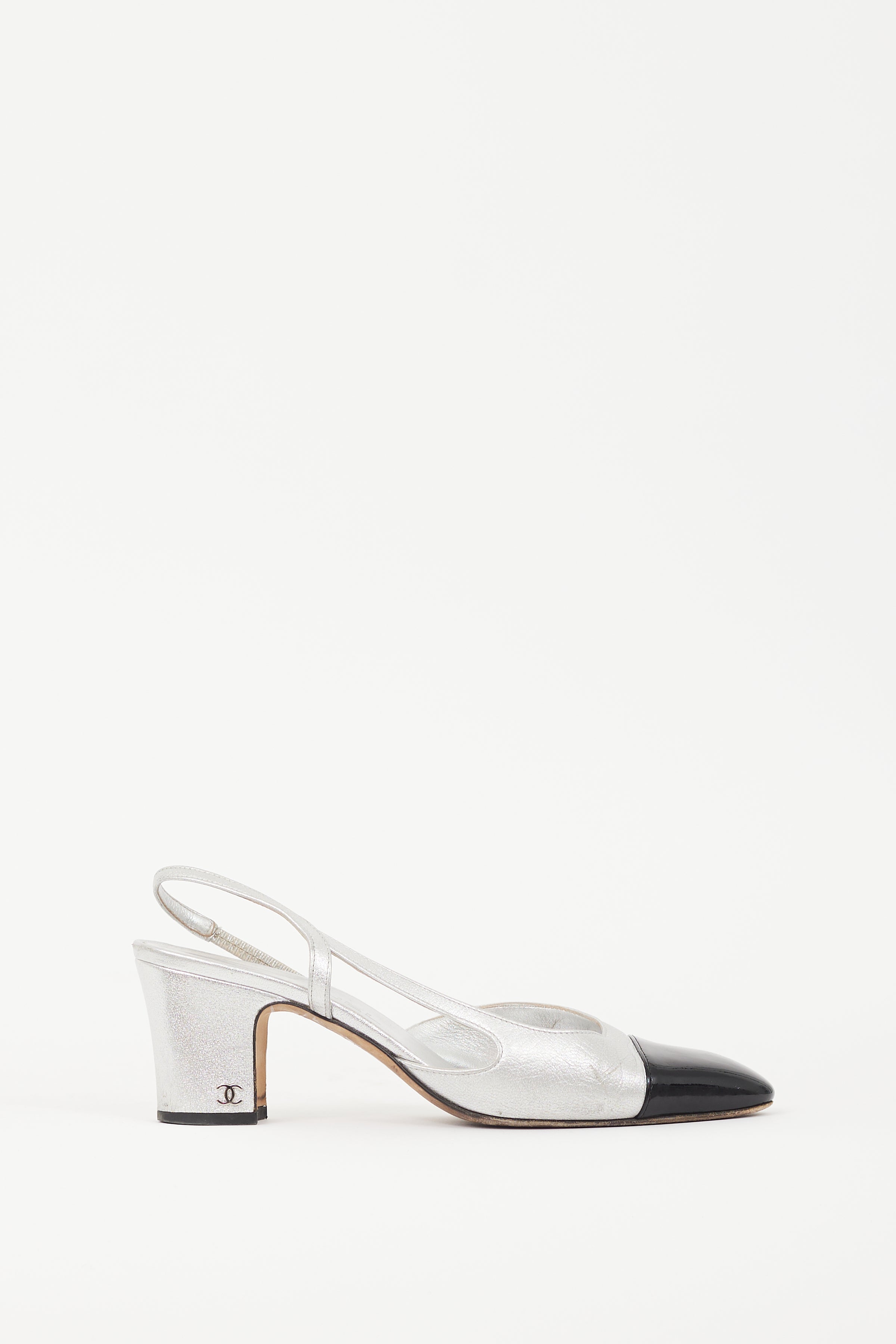 Chanel // Silver Leather & Black CC Slingback Pump – VSP Consignment