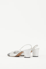 Chanel Silver Leather & Black CC Slingback Pump