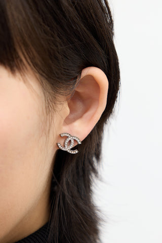 Chanel Silver Metal & Crystal CC Stud Earrings