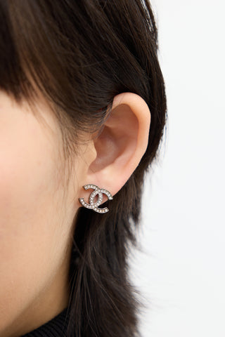 Chanel Silver Metal & Crystal CC Stud Earrings