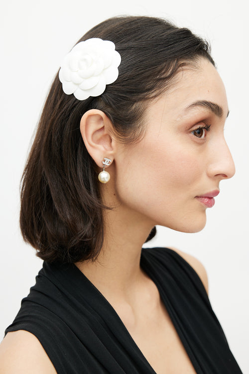 Chanel Silver Pearl Embellished Logo Earring
