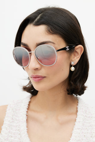 Chanel Silver & Pink 71430 Crystal Circular Sunglasses