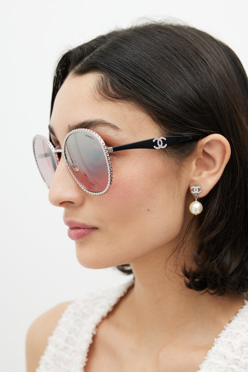 Chanel Silver & Pink 71430 Crystal Circular Sunglasses