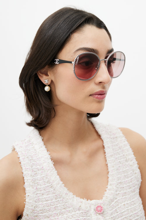 Chanel Silver & Pink 71430 Crystal Circular Sunglasses