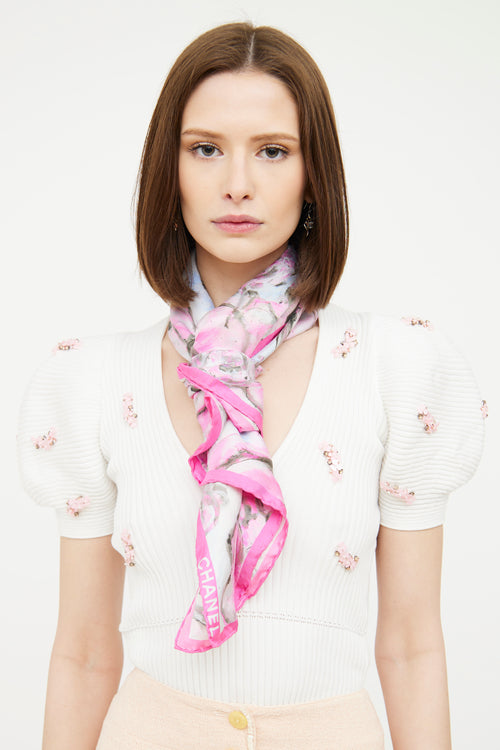 Chanel Pink & Multi Camellia Printed Scarf