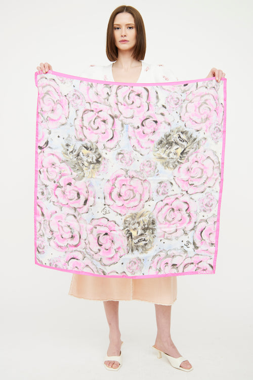 Chanel Pink & Multi Camellia Printed Scarf