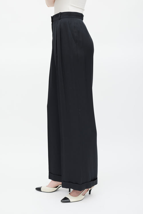 Chanel Spring 2002 Black Silk Cuffed Wide Leg Trouser