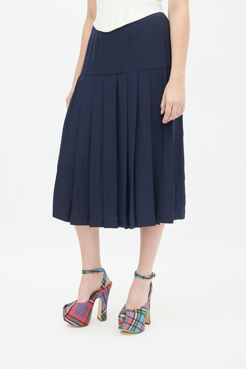 Chanel Vintage Navy Drop Waist Pleated Midi Skirt