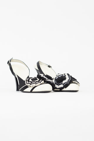 Chanel Vintage Black & White Canvas Camellia Heel