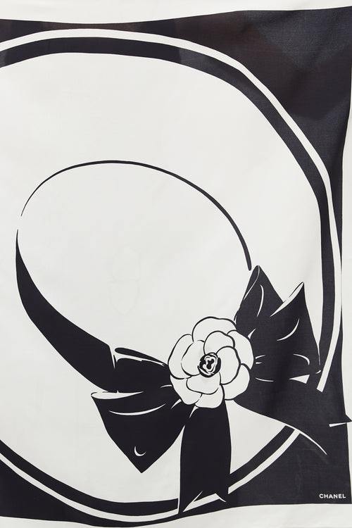 Chanel White & Black Flower Print Scarf