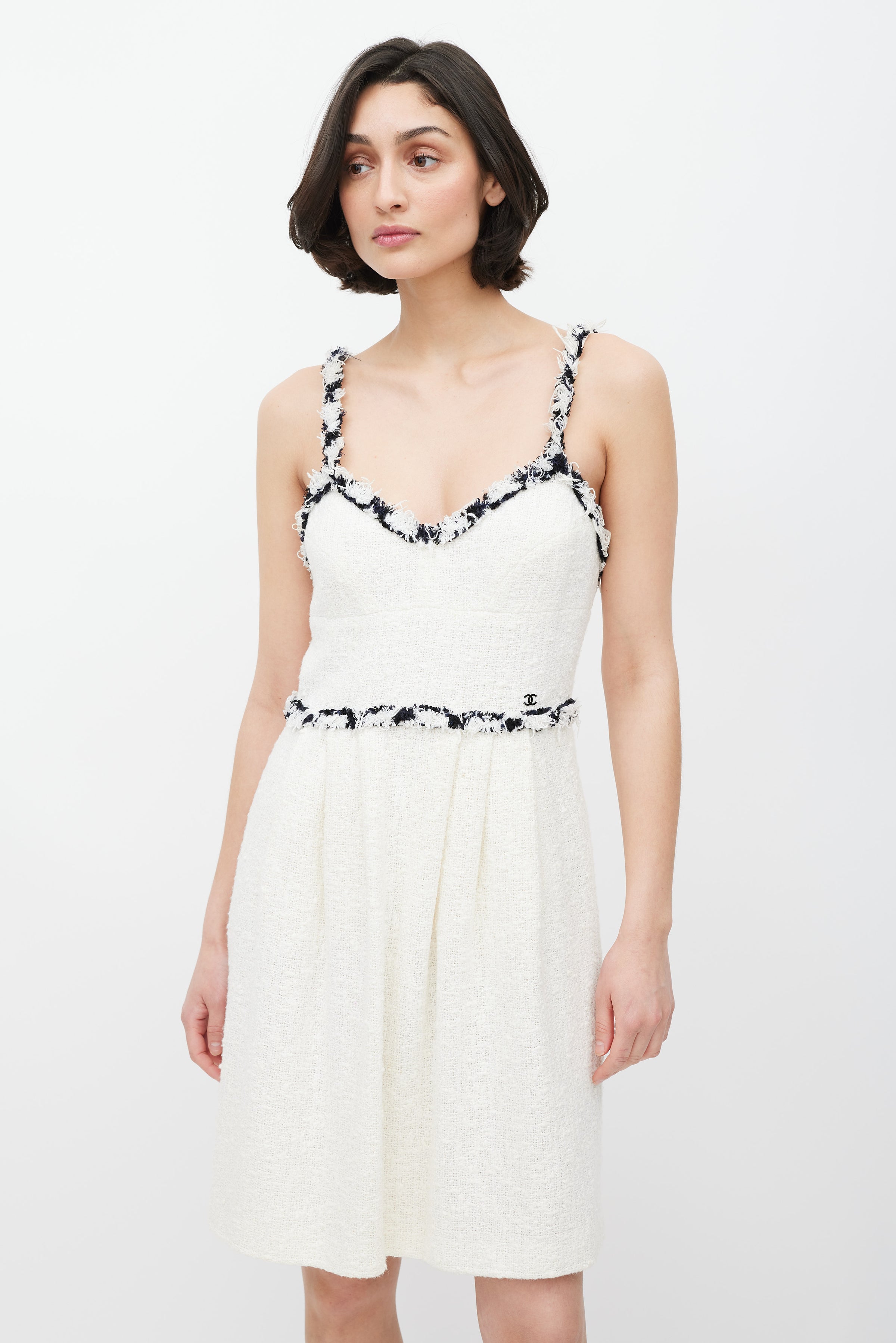 Chanel // White & Black Fringed Trim Tweed Dress VSP Consignment Chanel // White & Black Fringed Trim Tweed Dress VSP Consignment