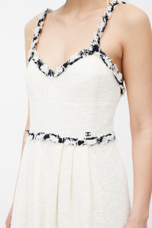 Chanel White & Black Fringed Trim Tweed Dress
