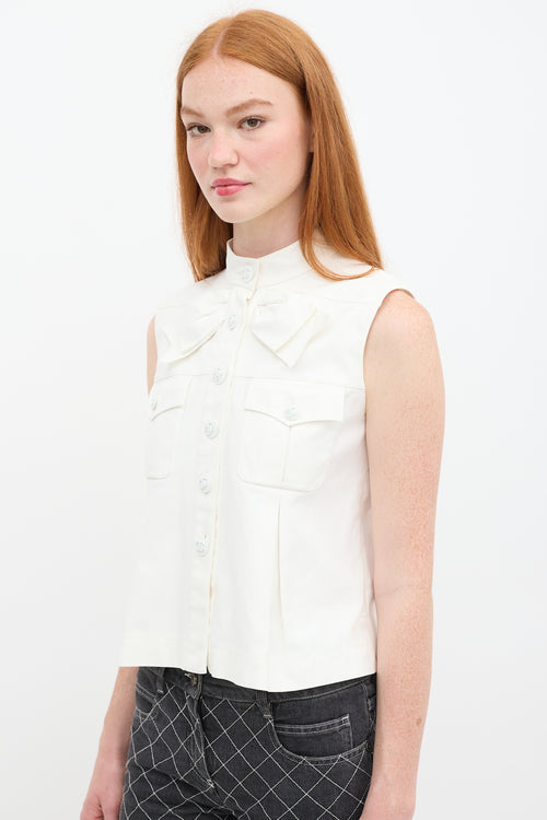 Chanel Spring 2009 White Pleated Sleeveless Bow Shirt