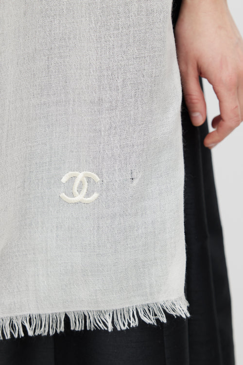 Chanel White Cashmere CC Embroider Scarf