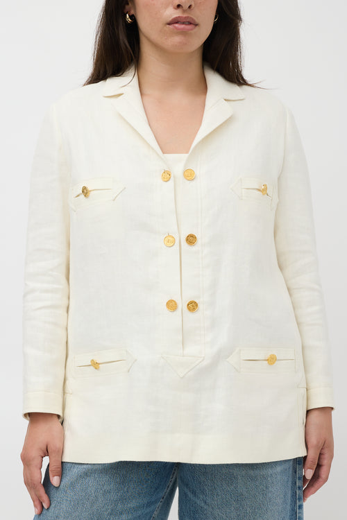 Chanel White Linen Button Up Tunic Blazer