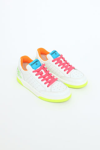 White & Neon Leather Low Top Sneakers