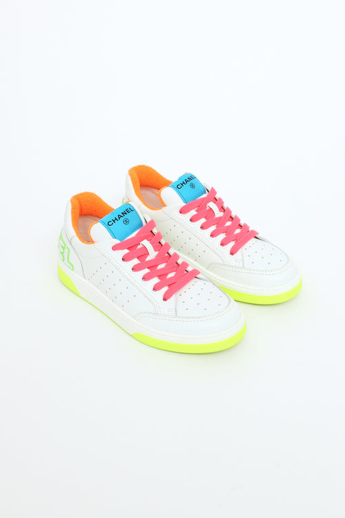 White & Neon Leather Low Top Sneakers