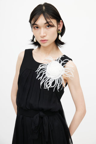 Chanel White Silk & Feather Camellia Brooch