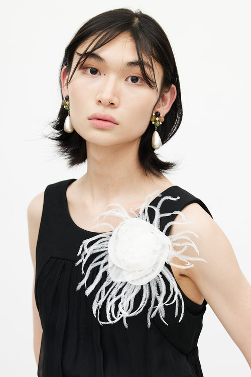 Chanel White Silk & Feather Camellia Brooch