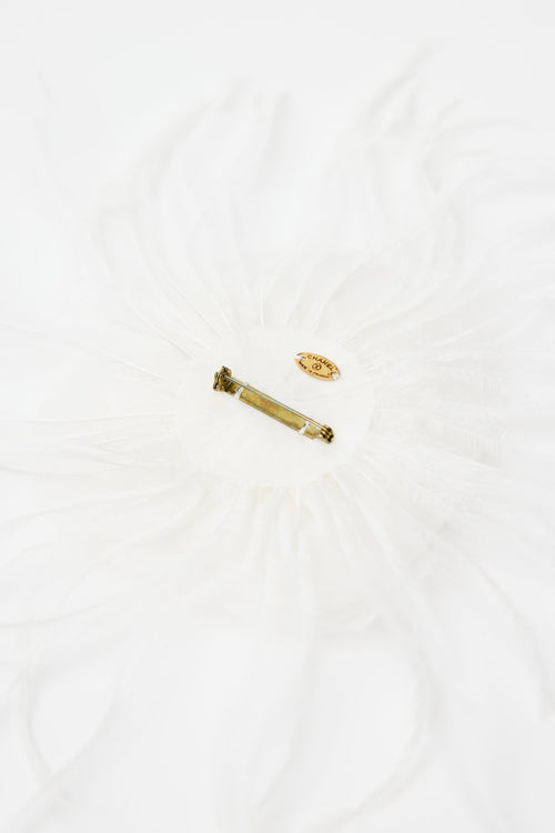 Chanel White Silk & Feather Camellia Brooch
