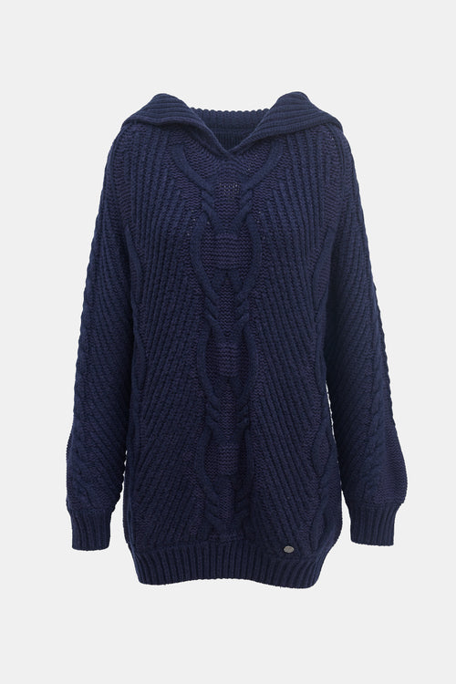 Chanel Navy Wool Cableknit Sailor Collar Sweater