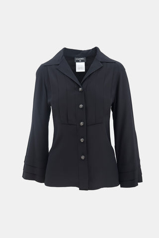 Chanel Black Silk Pleated CC Button Shirt