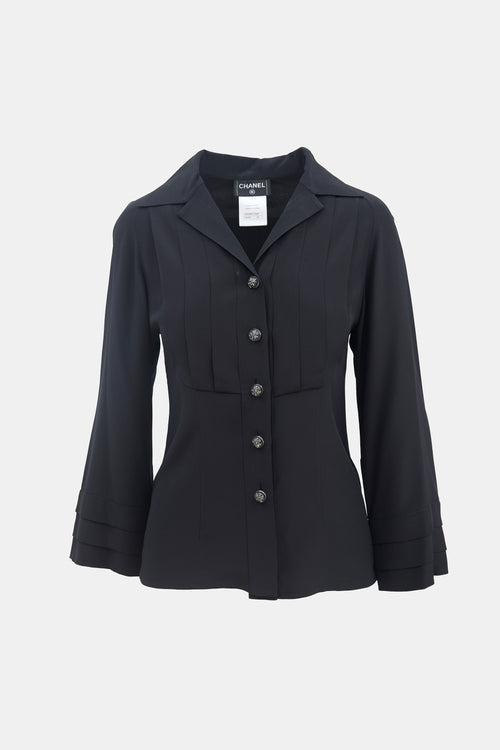 Chanel Black Silk Pleated CC Button Shirt