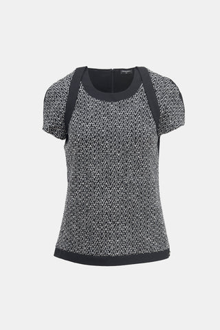 Chanel Black & White Wool Herringbone Boucle Top