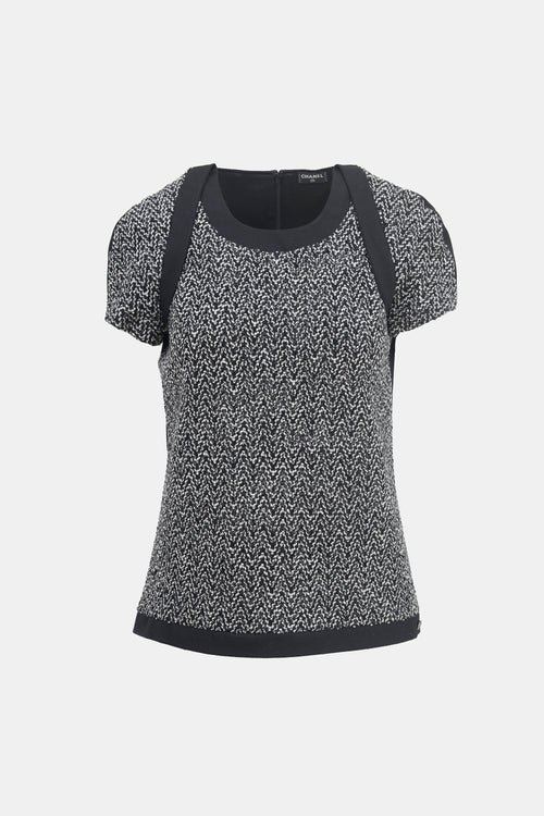 Chanel Black & White Wool Herringbone Boucle Top