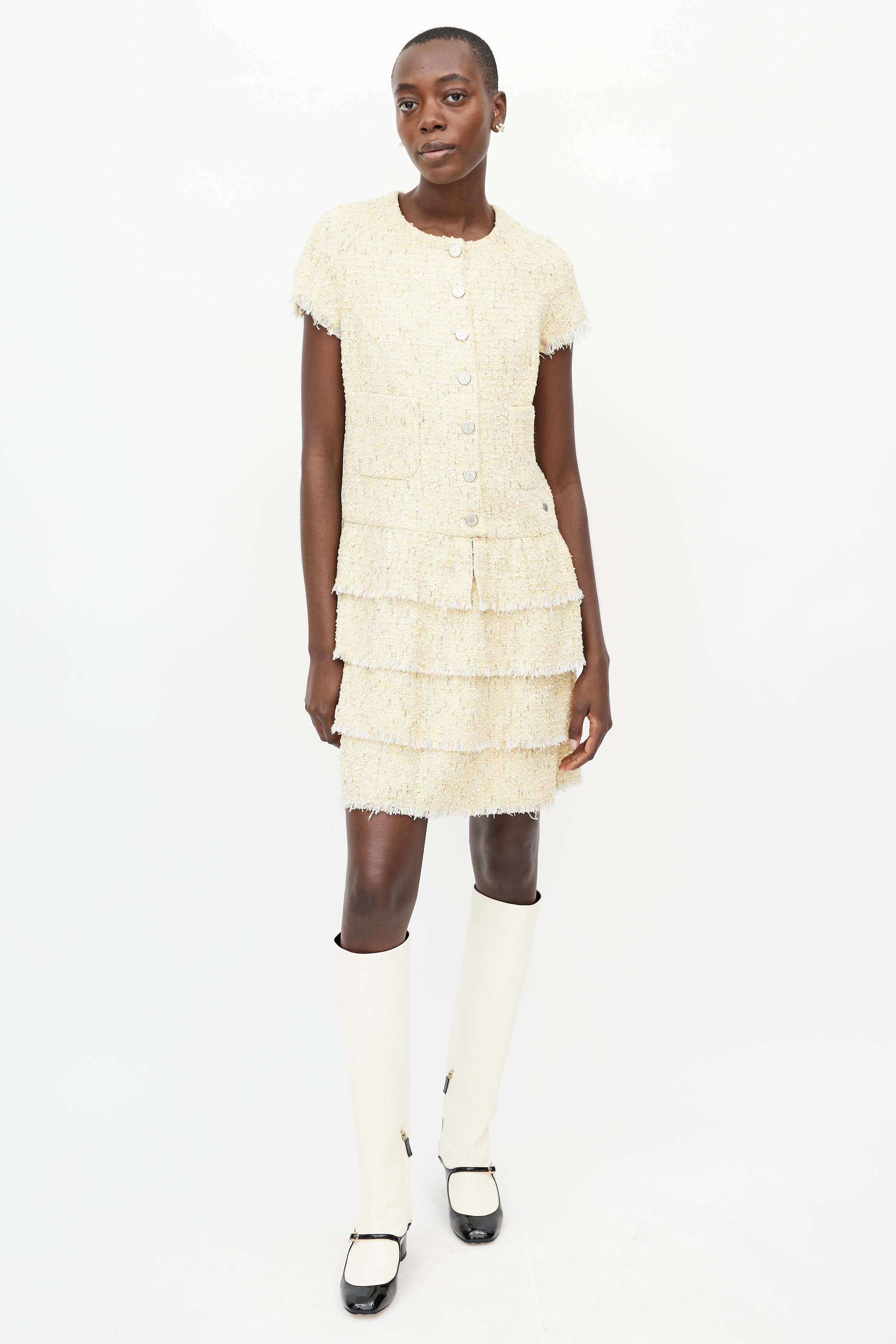 Chanel Ruffle and Pearl Embellished Tweed Ankle-Length Dress — UFO