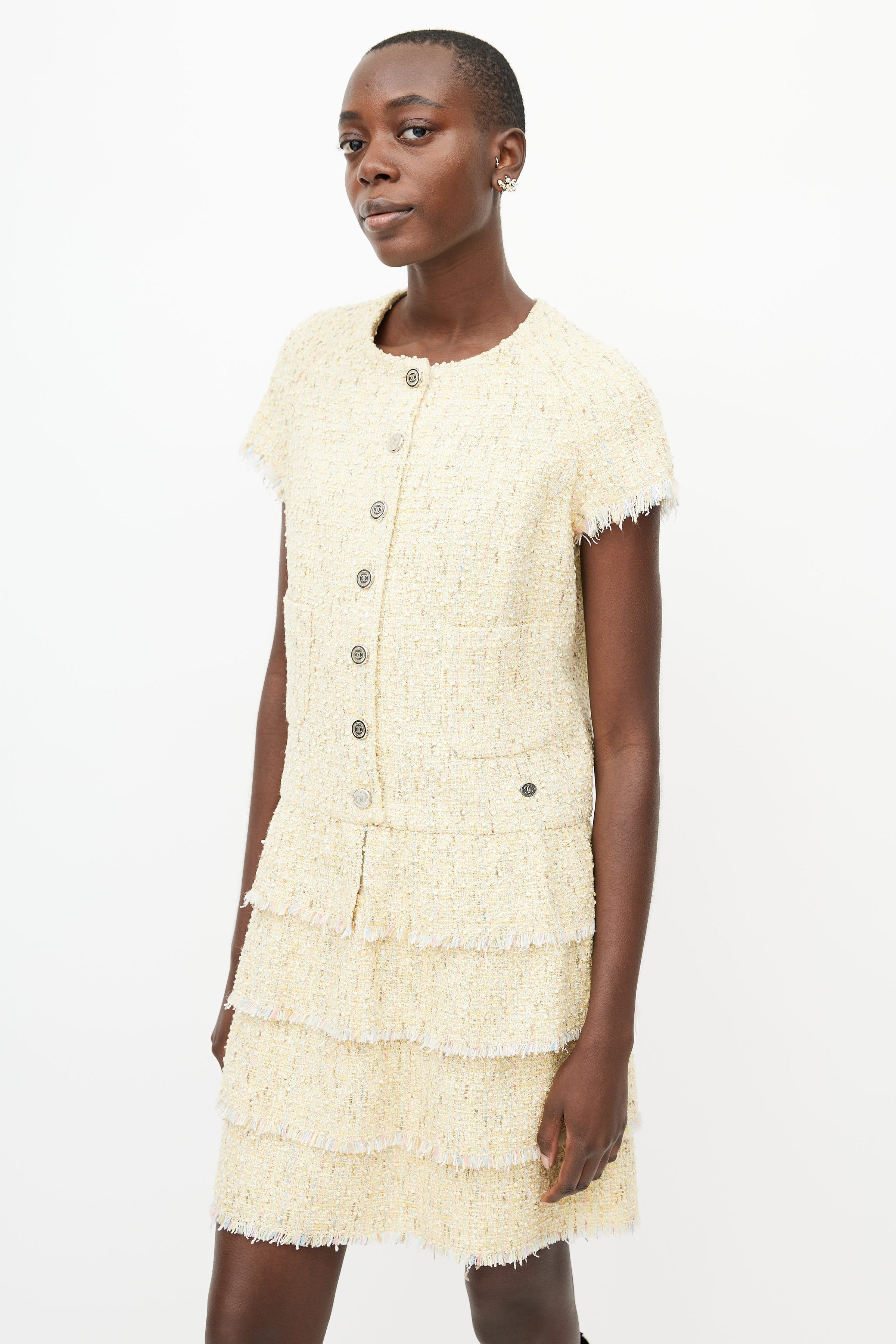 Chanel // SS 2006 Yellow Tiered Tweed Dress VSP Consignment Chanel // SS 2006 Yellow Tiered Tweed Dress VSP Consignment
