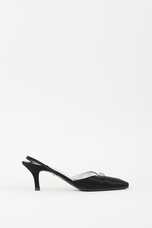 Chanel Black Satin CC Crystal Slingback Pump