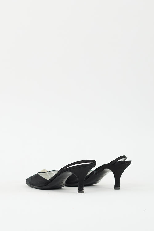 Chanel Black Satin CC Crystal Slingback Pump