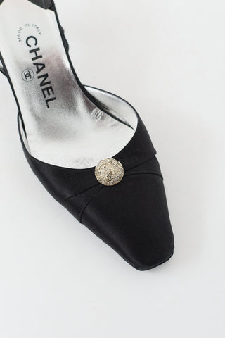 Chanel Black Satin CC Crystal Slingback Pump