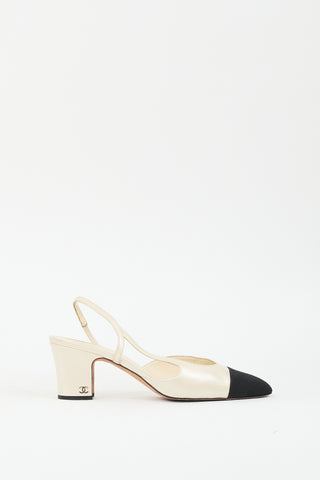 Chanel Cream Leather & Black CC Slingback Pump