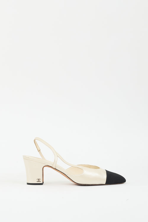 Chanel Cream Leather & Black CC Slingback Pump