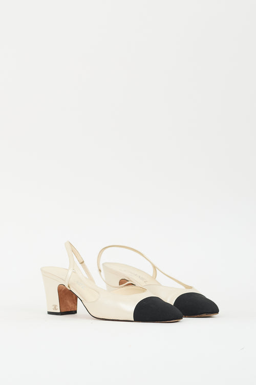 Chanel Cream Leather & Black CC Slingback Pump