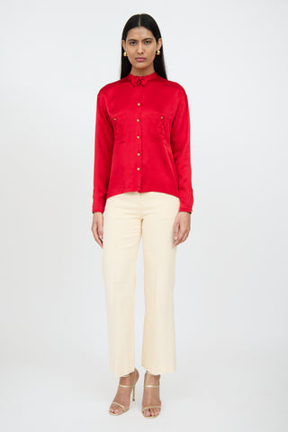 ChanelRed Silk Button Bow Top