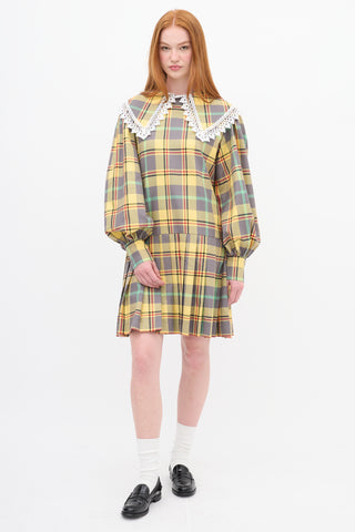 Charles Jeffrey Loverboy Yellow & Multi Plaid Pleated Babydoll Mini Dress