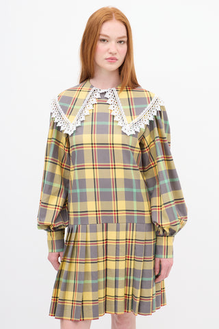 Charles Jeffrey Loverboy Yellow & Multi Plaid Pleated Babydoll Mini Dress