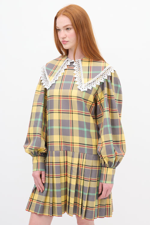 Charles Jeffrey Loverboy Yellow & Multi Plaid Pleated Babydoll Mini Dress