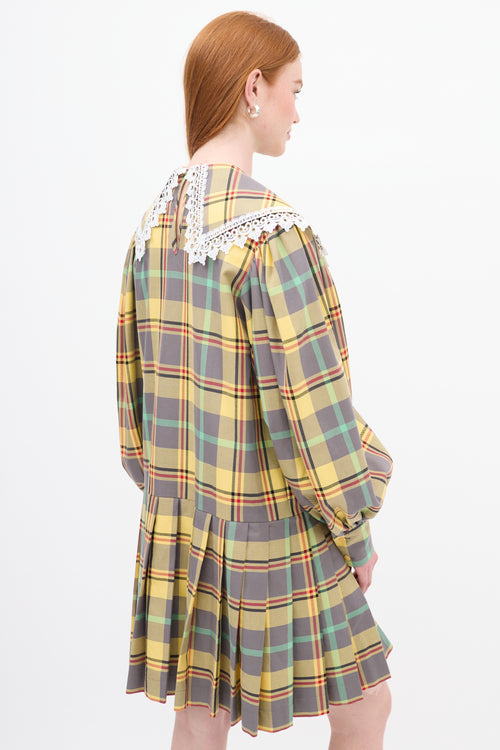 Charles Jeffrey Loverboy Yellow & Multi Plaid Pleated Babydoll Mini Dress