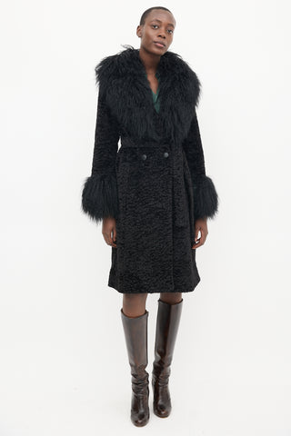 Charlotte Simone Black Fur Trim Double Breasted Coat