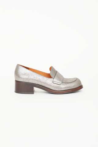 Chie Mihara Silver Textured Leather Heeled Loafer
