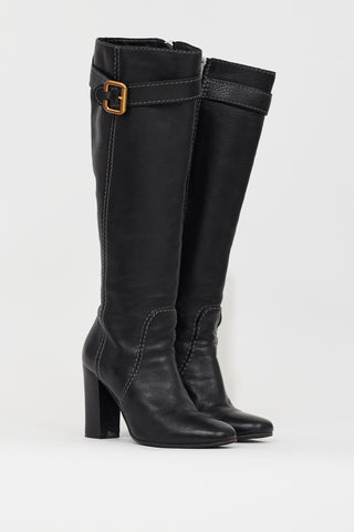 Chloé Black Leather Buckled Knee High Boot