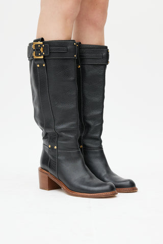 Chloé Black Leather Buckled Riding Boot
