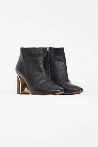 Chloé Black Leather & Gold Block Heel Boot