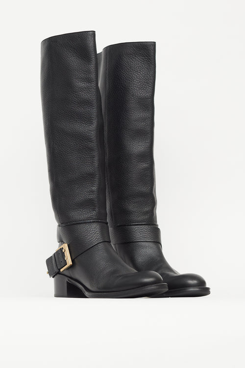 Chloé Black Pebbled Leather Gold Buckle Boot