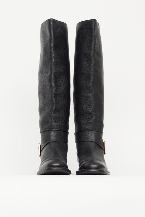 Chloé Black Pebbled Leather Gold Buckle Boot